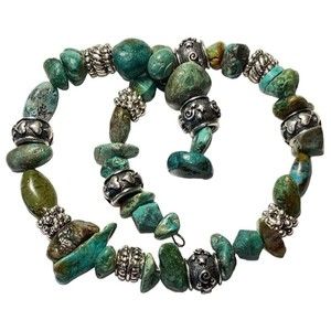 Simulated Turquoise & Silver Tone Stone Coil Flex Bracelet Variscite